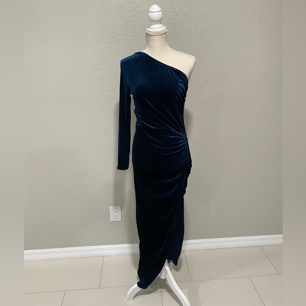 PRETTYGARDEN - Women's One Shoulder Long Sleeve Velvet Dress Ruched - Small